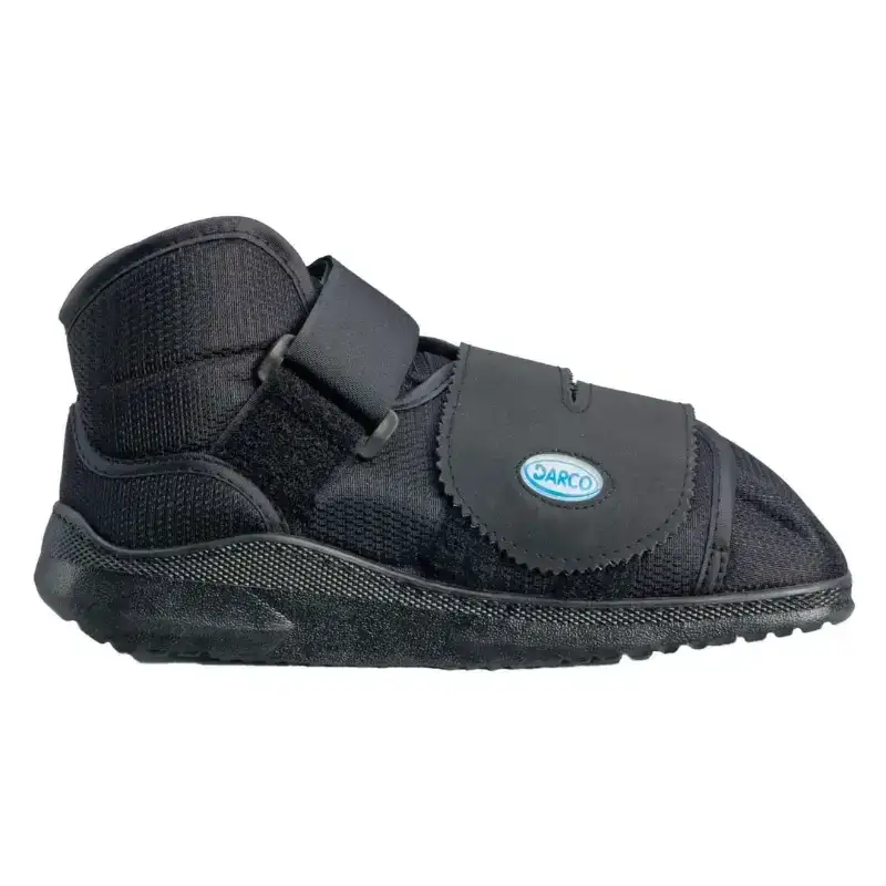 The Darco All Purpose Boot in black, side on, showing the two hook-and-loop straps and the rocker sole