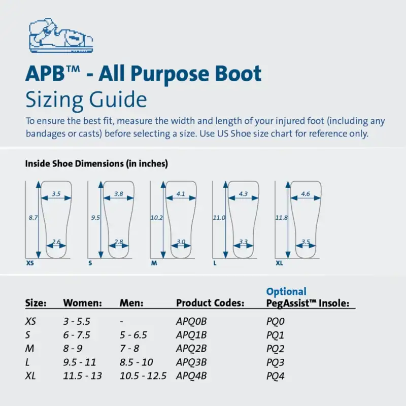 Darco's sizing card: inside length and width of each size, and a table of X-Small to X-Large against US women's and men's shoe sizes