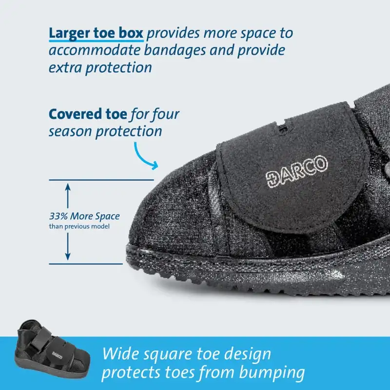 Close-up of the square covered toe, which Darco make a third roomier than their previous model to fit a dressing