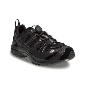 The Dr. Comfort Performance men's cross-trainer in black, outside profile showing the toggle lace and the mesh panels