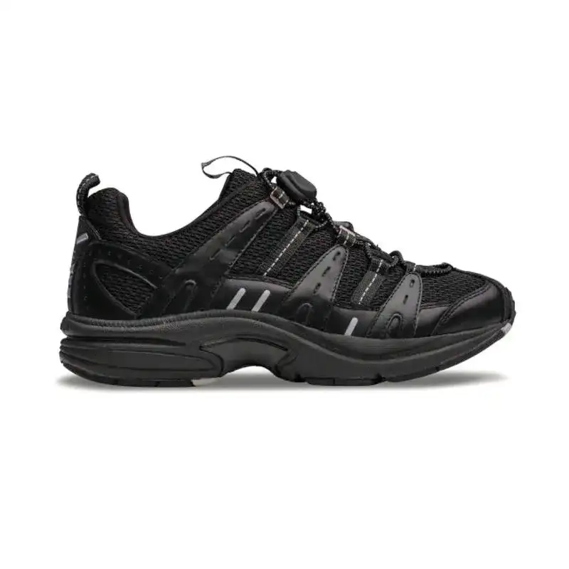 The Dr. Comfort Refresh in black, three-quarter view showing the mesh upper and the cushioned sole