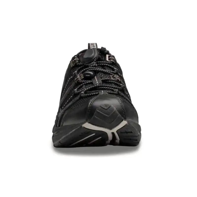 The Dr. Comfort Refresh in black, front view showing the width of the toe box and the toggle