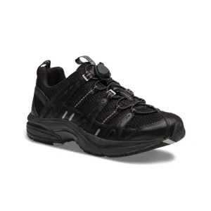 The Dr. Comfort Refresh women's sneaker in black, outside profile showing the toggle lace and the mesh panels