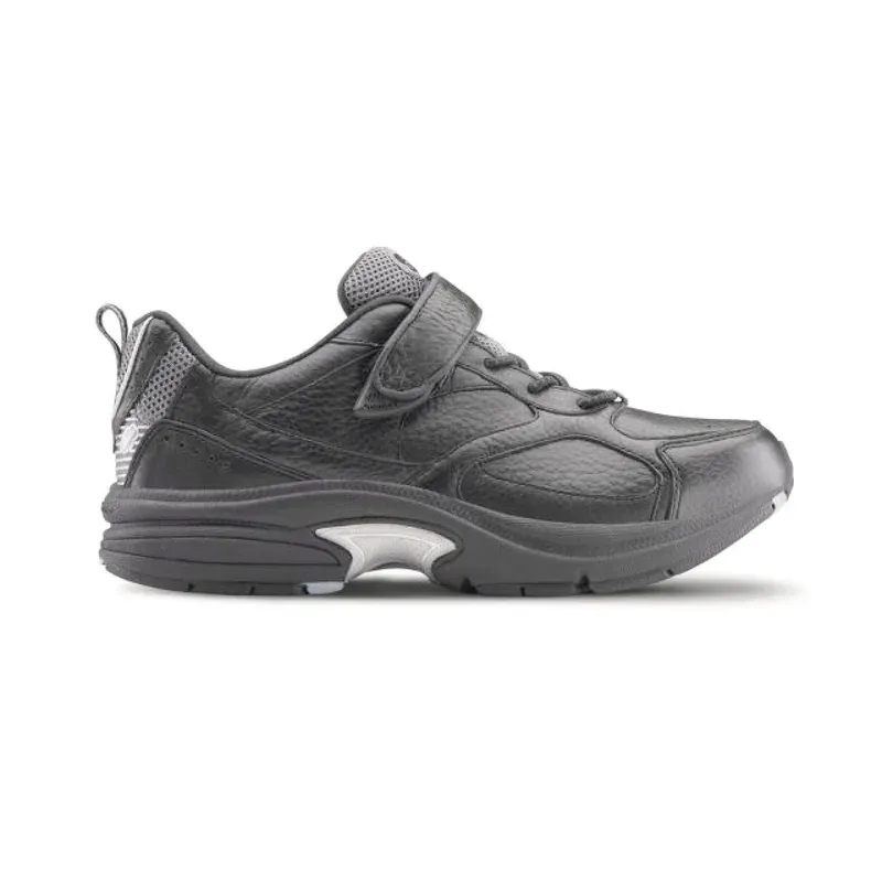 The Dr. Comfort Spirit in black, three-quarter view showing the strap and the cushioned sole