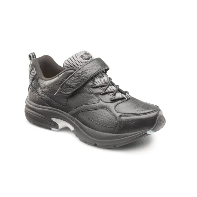 The Dr. Comfort Spirit women's sneaker in black, outside profile showing the hook-and-loop strap over the elastic lace
