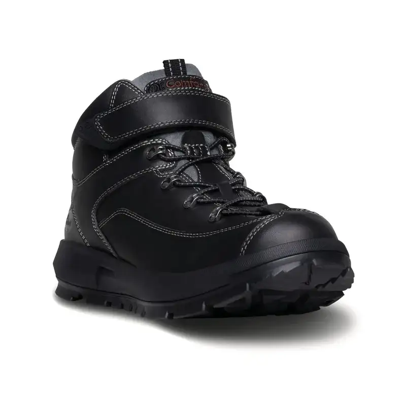 The Dr. Comfort Yukon men's hiking boot in black, three-quarter view showing the hook-and-loop strap over the laces