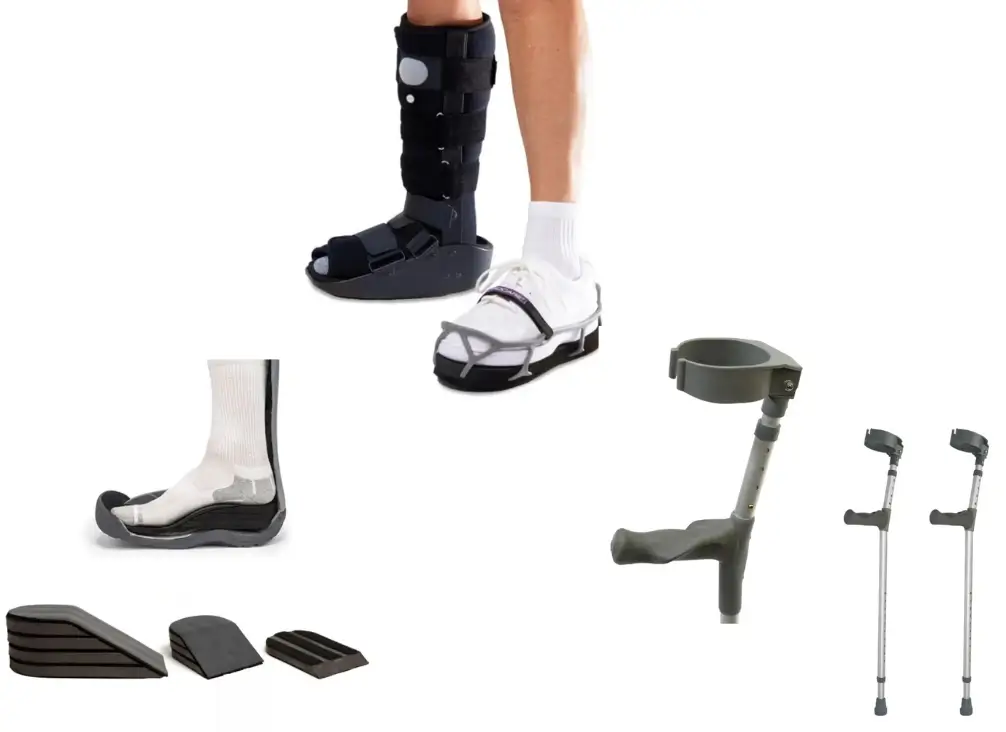 CAM boot with accessories including Achilles wedge, crutches, and shoe balancer – podiatry Brunswick support ge