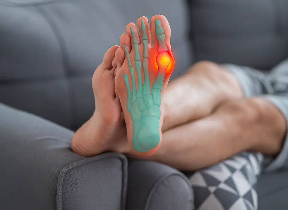 Foot with bunion pain highlighted on joint – bunion care by podiatry Brunswick professionals.