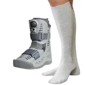 SmartKnit seamless walker boot sock worn with medical moon boot for podiatry foot care